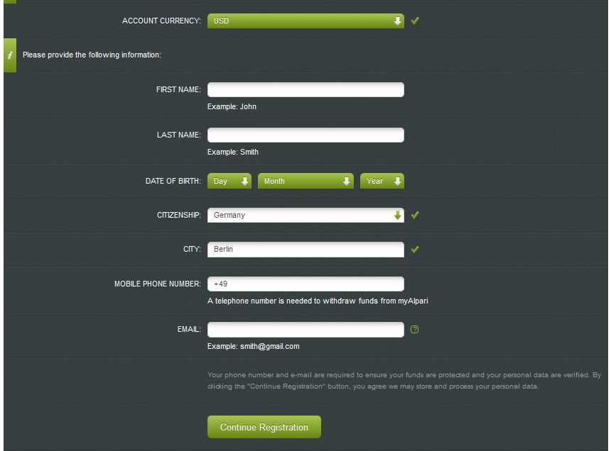 Alpari Erfahrungen - Formular