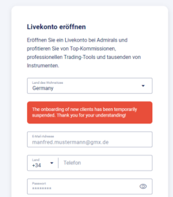Onboarding neuer Kunden ist vorübergehend ausgesetzt Admirals