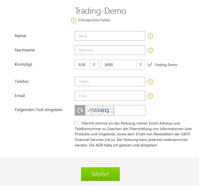GKFX Demokonto - Online Formular