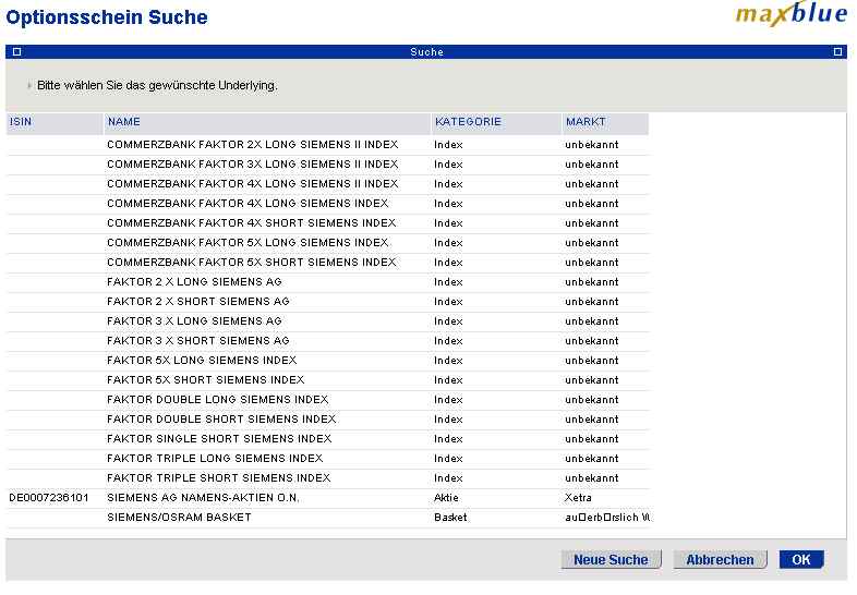 maxblue Optionsscheinsuche