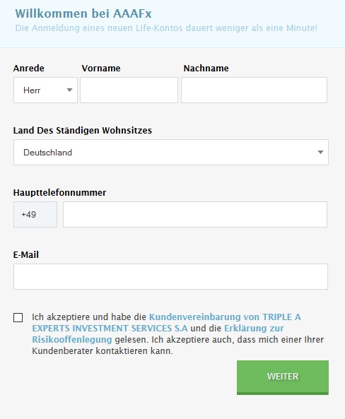 AAAFx Erfahrungen - Online Formular 1