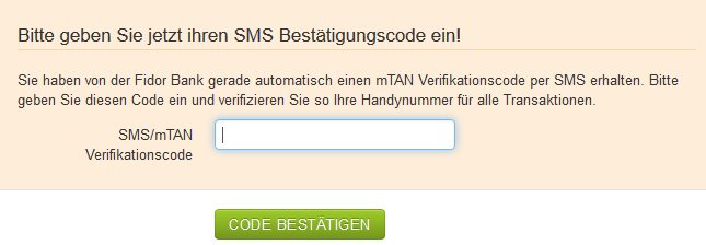 Fidor Bank Erfahrungen - Bestätigungscode