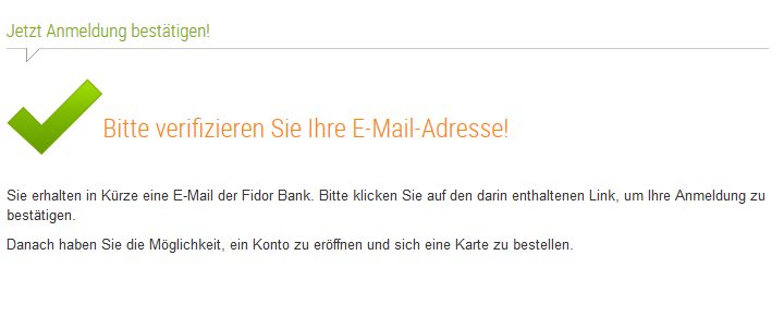 Fidor Bank Erfahrungen - Verifizierung E-Mail