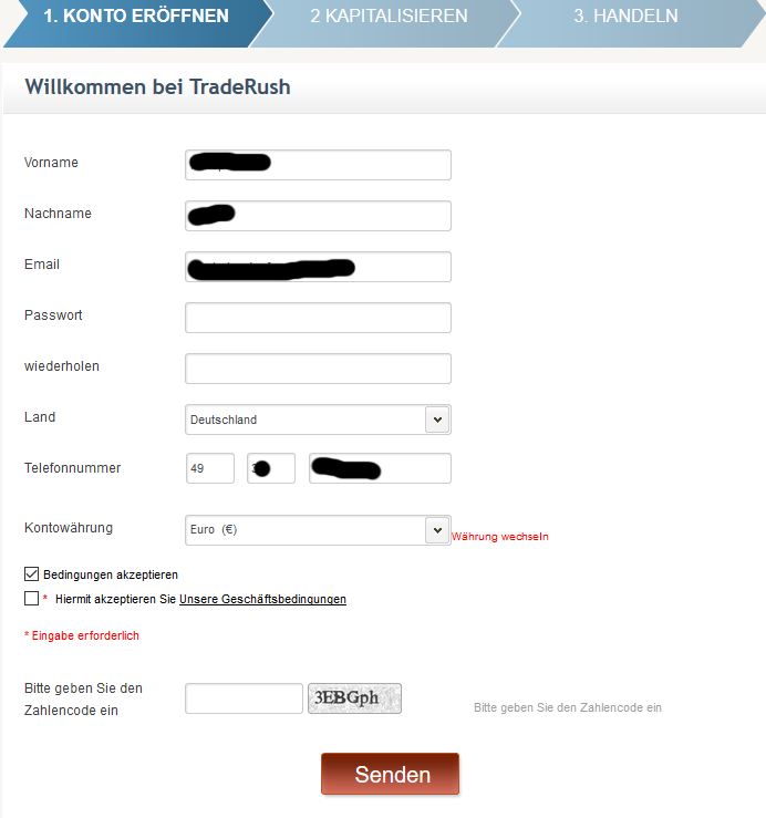 TradeRush Erfahrungen - Online Formular