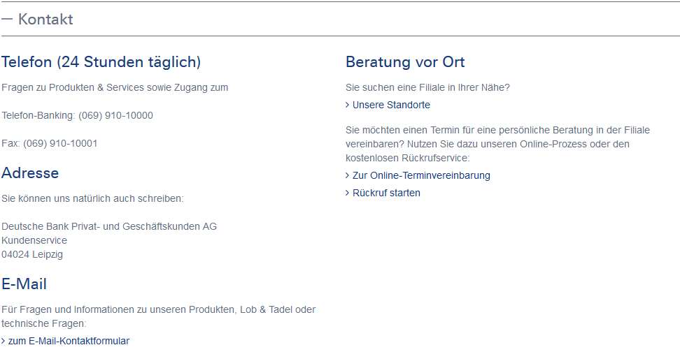 Deutsche Bank Kreditkarte - Kontakt