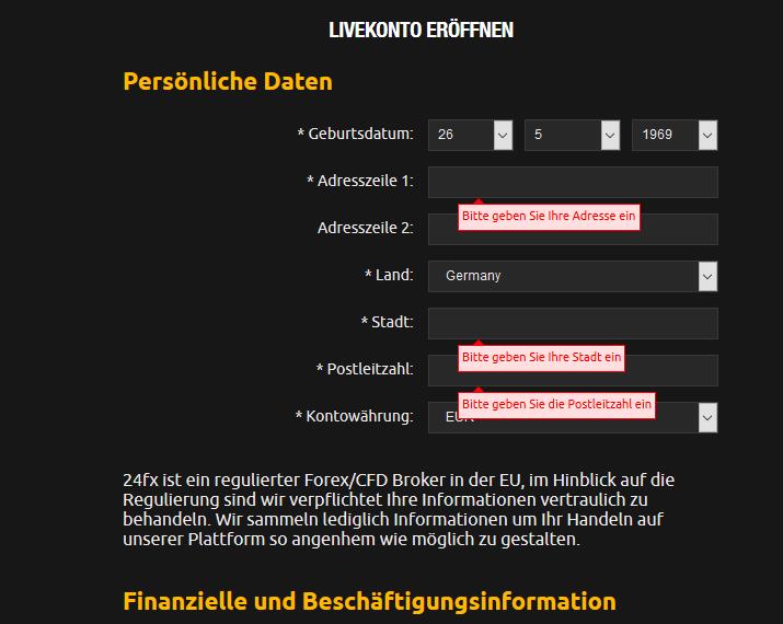 24FX Erfahrungen - Online Formular