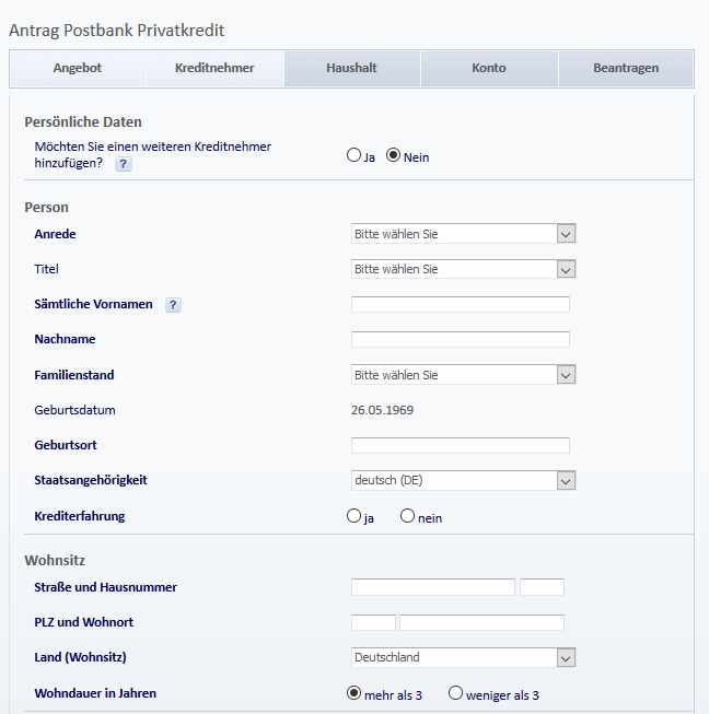 Postbank Kredit - Online Formular