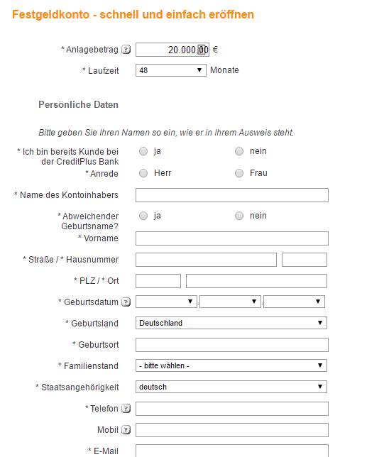 CreditPlus Festgeld - Online Formular