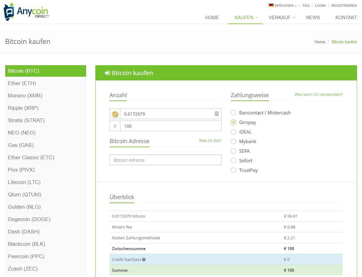 Anycoin Direct Bitcoin kaufen