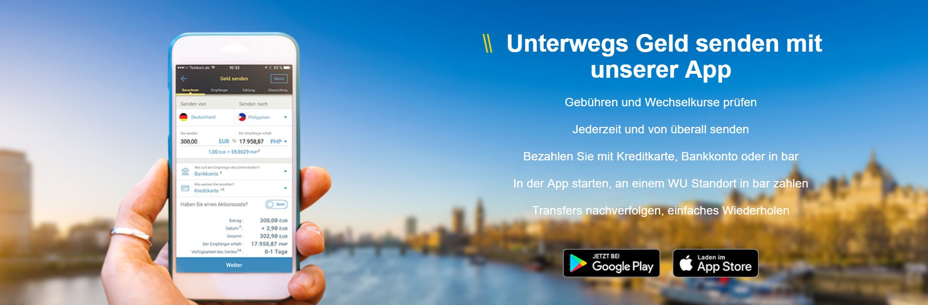 Western Union bietet eine App an um auch unterwegs Geld senden zu können