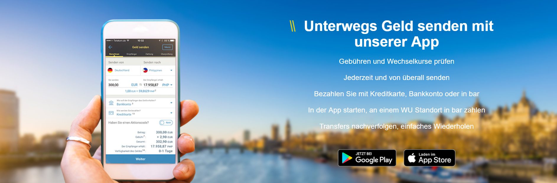 Western Union bietet eine App an um auch unterwegs Geld senden zu können